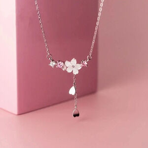 925 Sterling Silver Cherry Blossom Necklace Dangle Flower Petal Charm Necklace